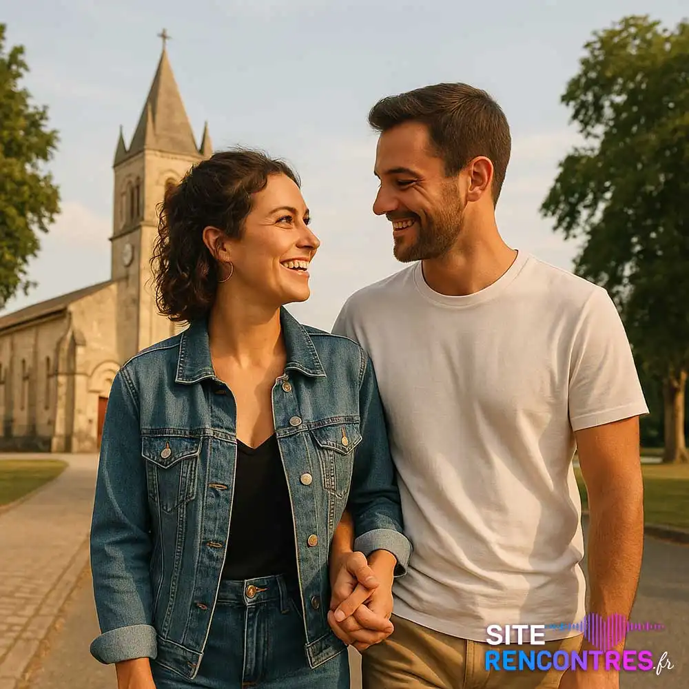 Jeune couple amoureux devant Église Saint-André de Cestas Bourg