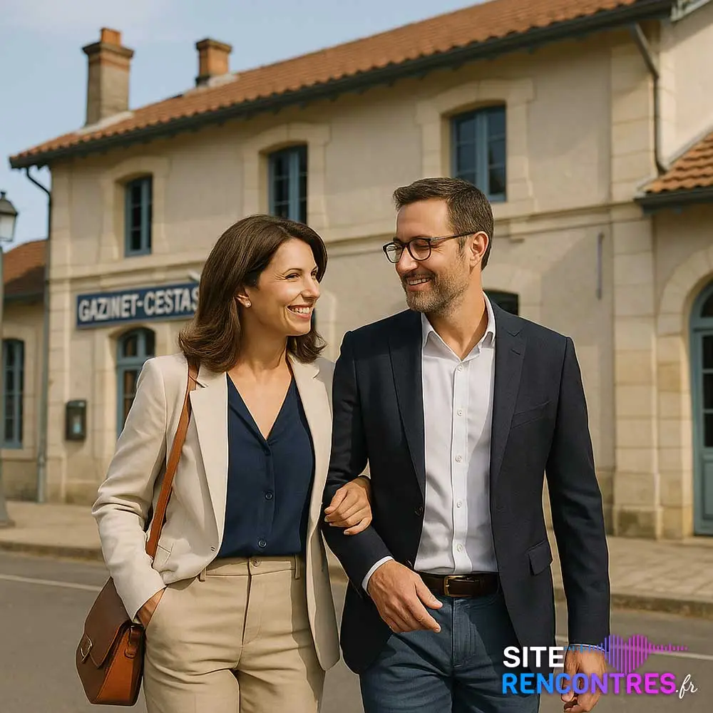 Couple souriant devant devant La Gare de Gazinet-Cestas à Cestas – Rencontre gratuite et locale
