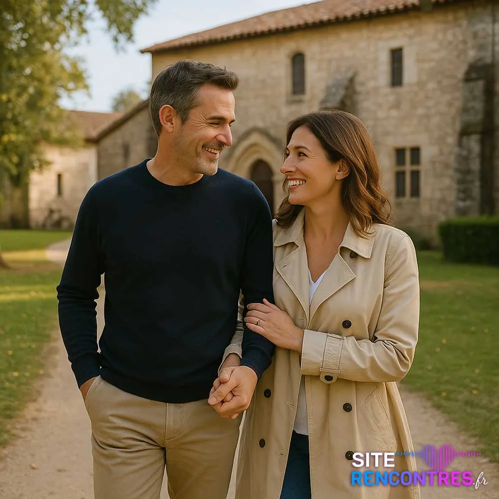 Couple souriant au Prieuré de Cayac à Gradignan – Site de Rencontre gratuit et local