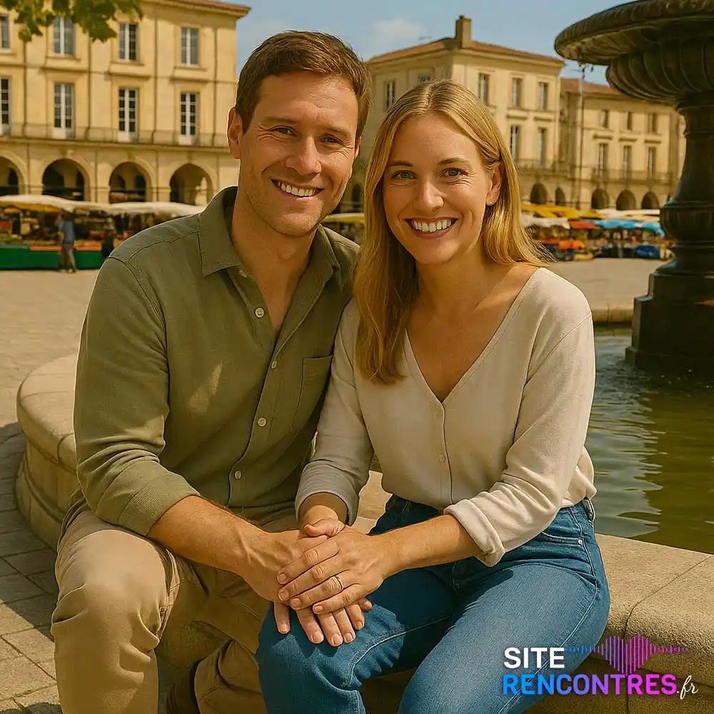 Jeune couple complice sur la Place Abel Surchamp à Libourne – Rencontre locale et sincère