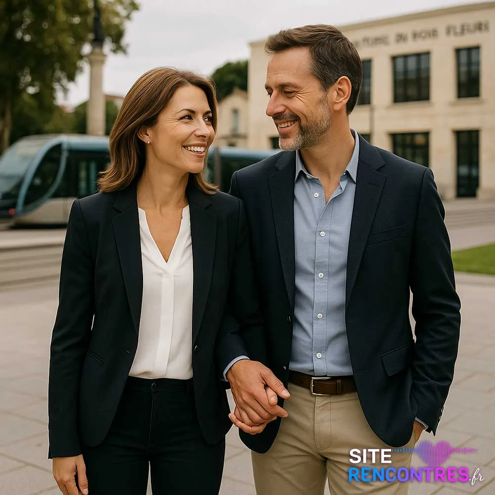 Couple souriant Place Aristide Briand, à côté du tram et du Centre culturel du Bois Fleuri à Lormont – Rencontre gratuite et locale