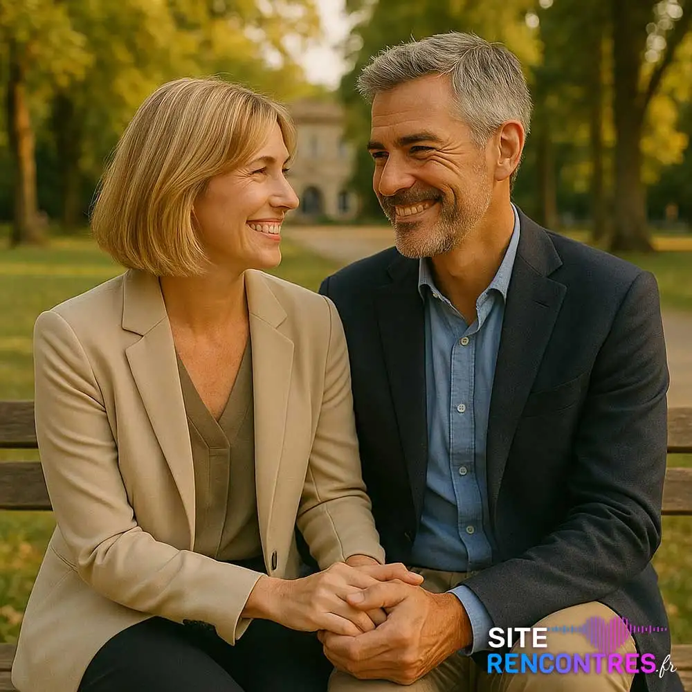 Couple souriant assis sur un banc dans le parc de Bourran à Mérignac – Rencontre gratuite et locale