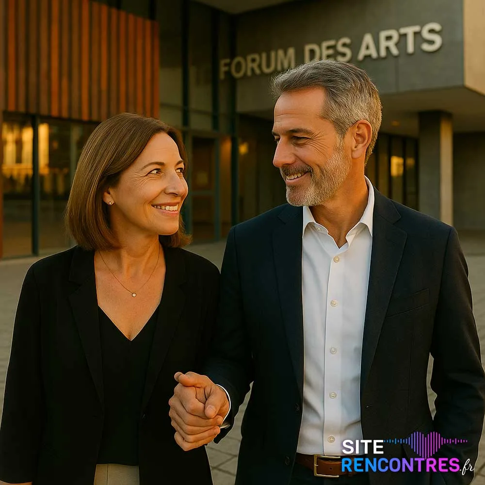 Couple complice devant le Forum des Arts et de la Culture à Talence – Rencontre locale et sincère
